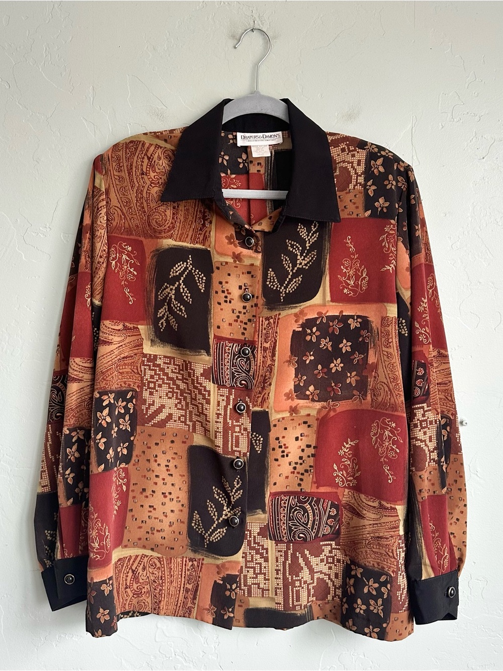 Patchwork Print Button-Up Blouse in Rust and Black